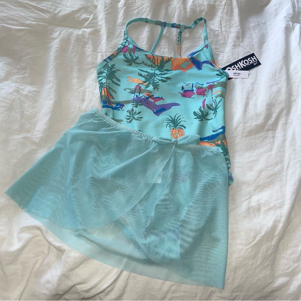 OshKosh Kids Aqua Tropical Print One Piece With Sarong